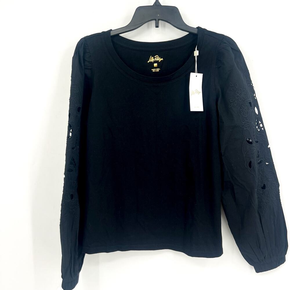 LILLY PULITZER Womens Isley Knit Top Large Black Long Eyelet Sleeves NWT - Picture 5 of 15